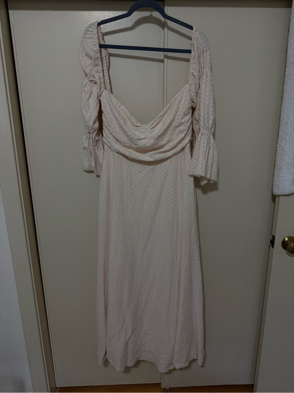 Women's Cream Maxi Dress with Draped Cowl and Ruched Sleeves